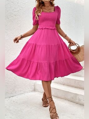 Perfee Square Neck Puff Sleeve Cutout Dress